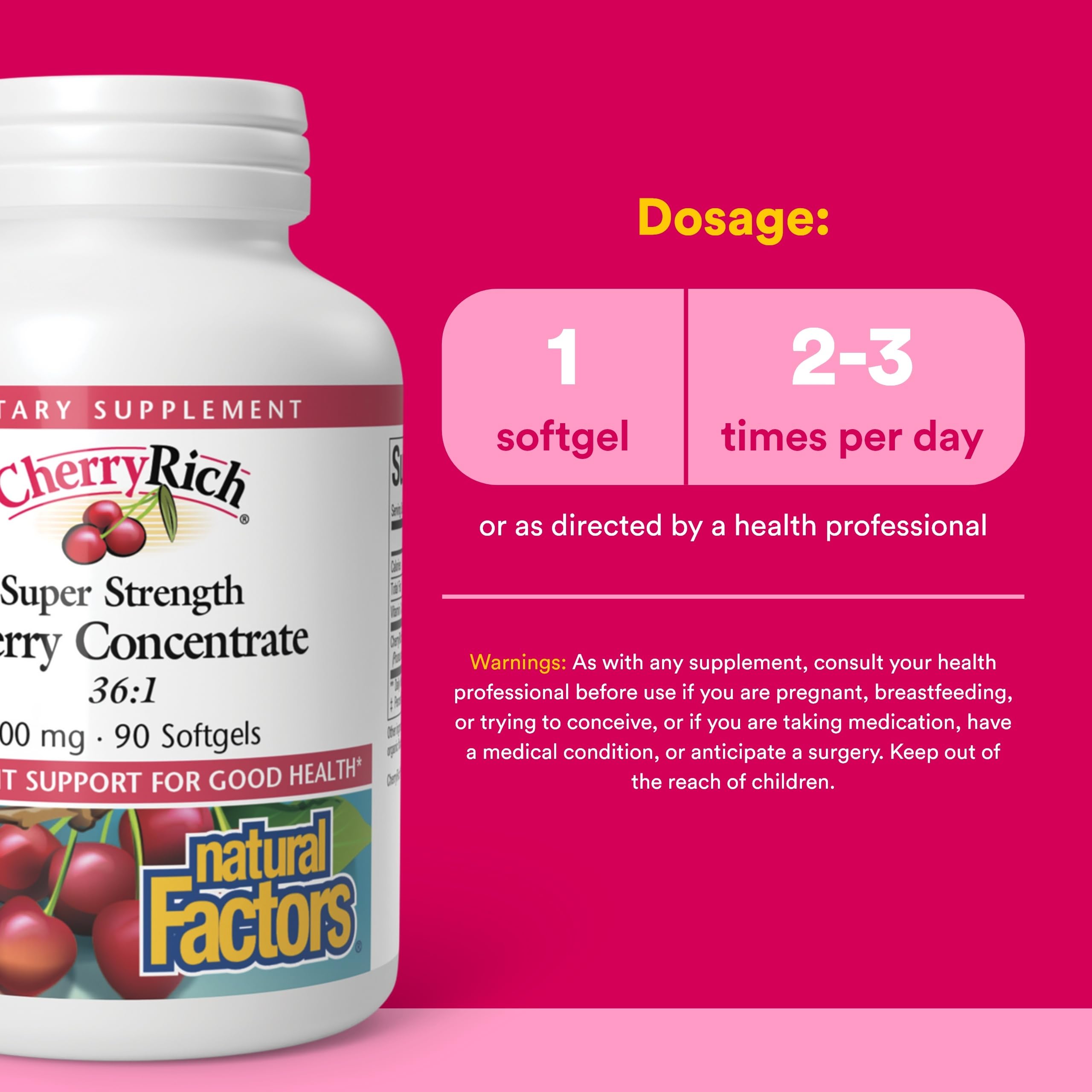 Natural Factors CherryRich cápsulas en mano para apreciar tamaño y dosificación