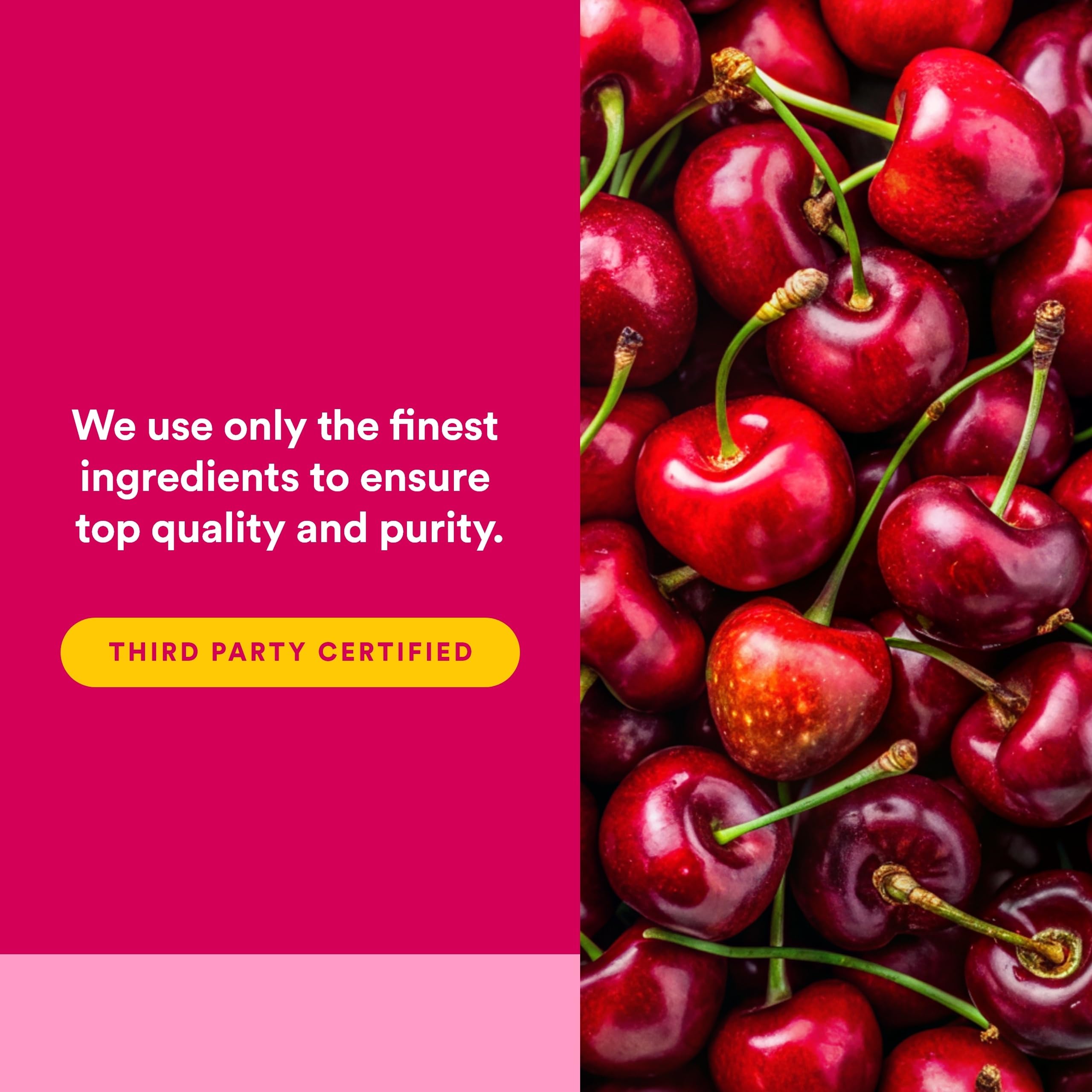 Natural Factors CherryRich etiqueta con sellos de certificación y análisis
