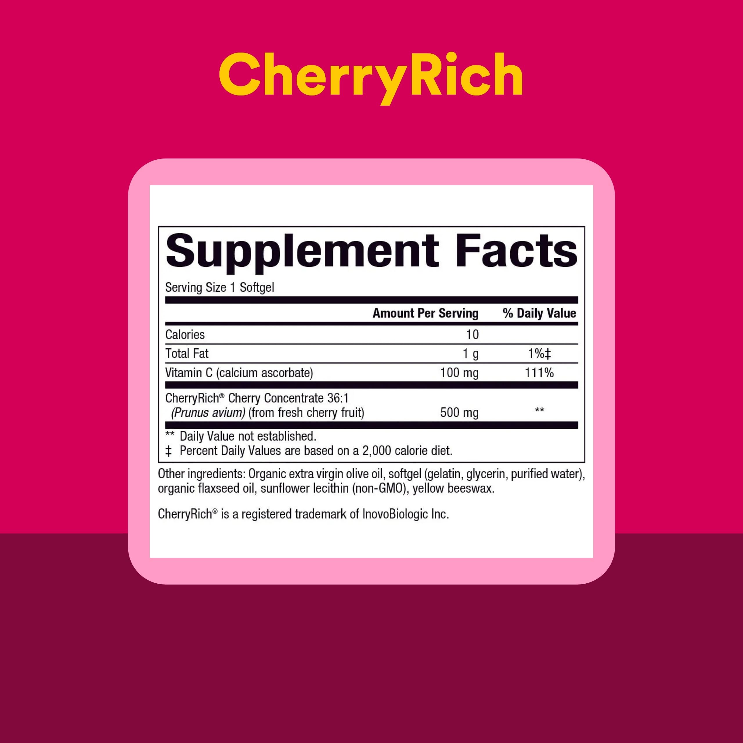Natural Factors CherryRich cerezas frescas que ilustran origen y antioxidantes