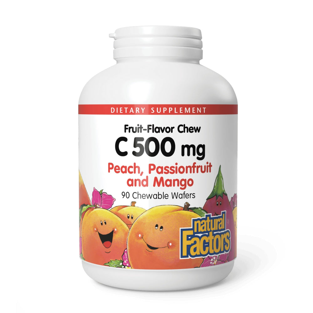Natural Factors envase frontal de wafers masticables vitamina C 500 mg beneficio admin fácil