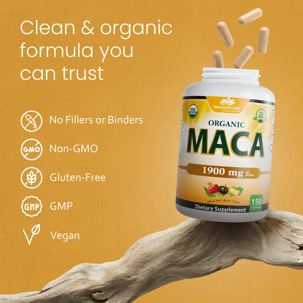 NaturaLife Labs botella junto a raíces de maca que sugiere origen natural