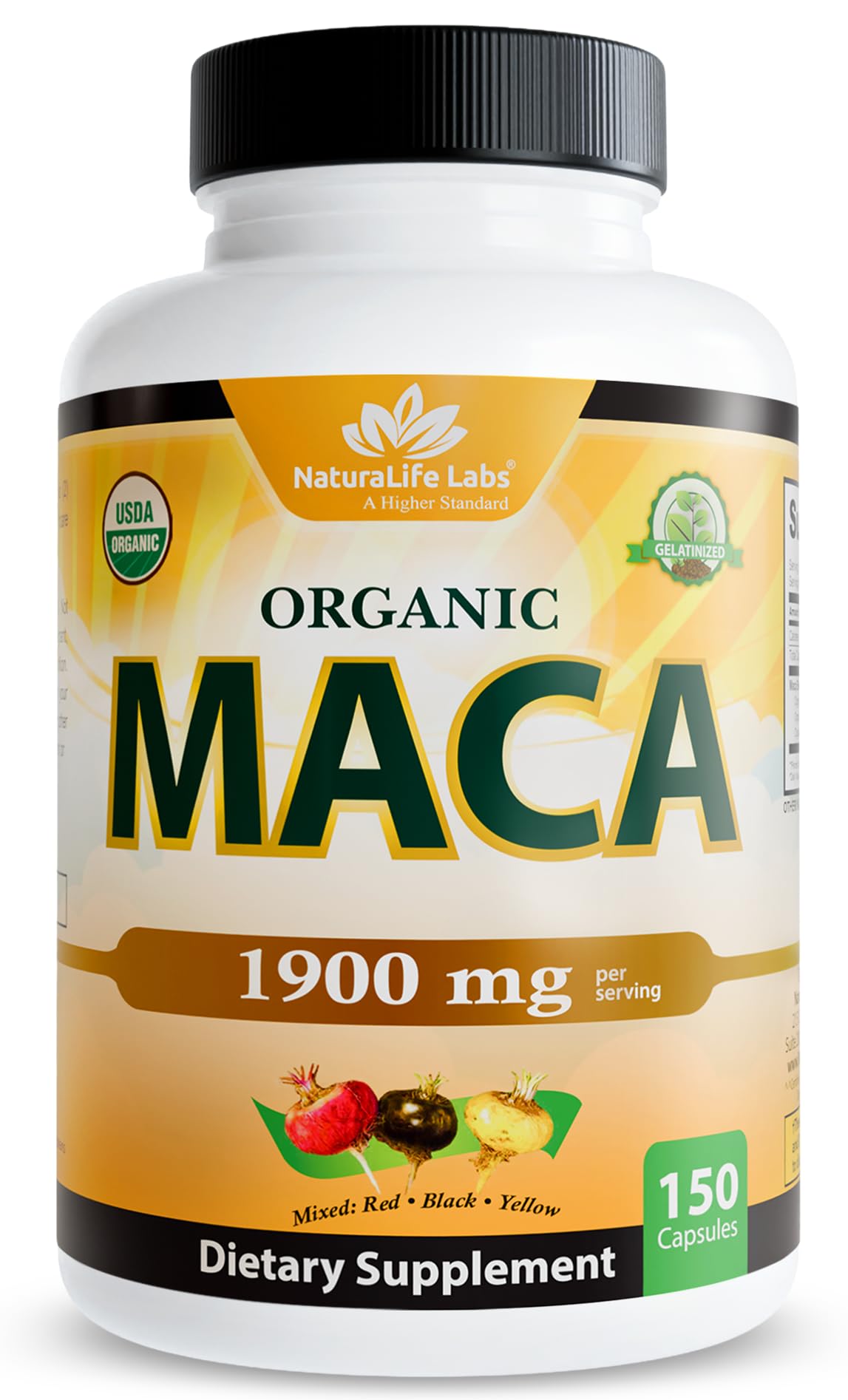 NaturaLife Labs frontal del frasco con mezcla triple de maca y claridad de etiqueta