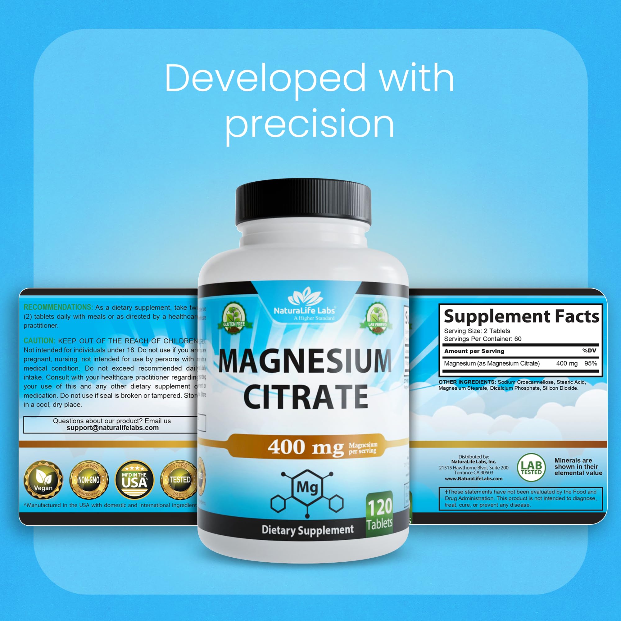 Documentos de certificación y resultados de pruebas de terceros junto al frasco NaturaLife Labs