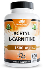 NaturaLife Labs Acetyl L-Carnitine 1500 mg bottle shows vegan capsules for daily energy support