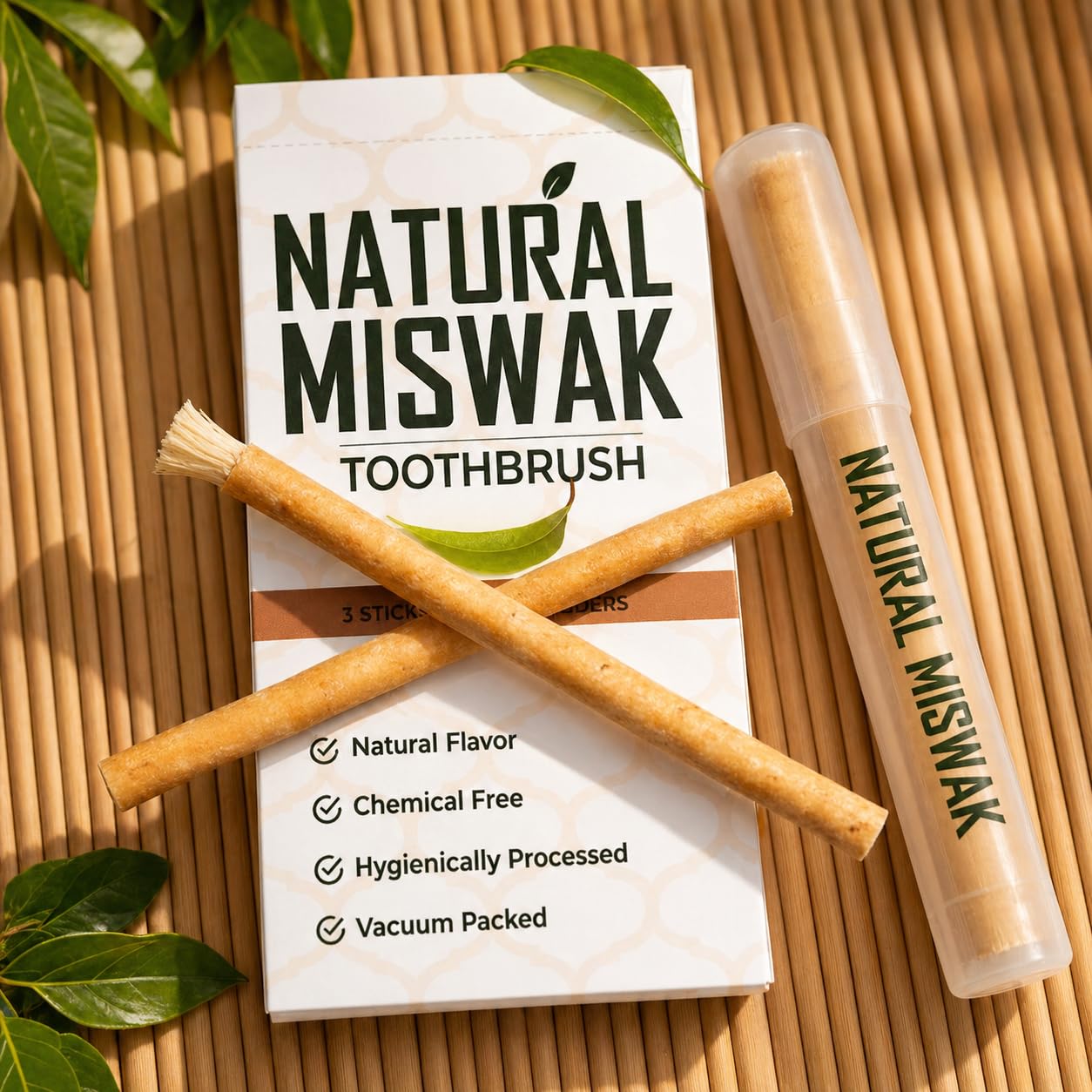 NaturalMiswak vista frontal del paquete, opción ecológica y lista para usar