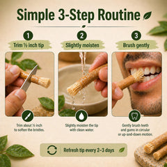 NaturalMiswak palito en mano demostrando uso portátil y práctico