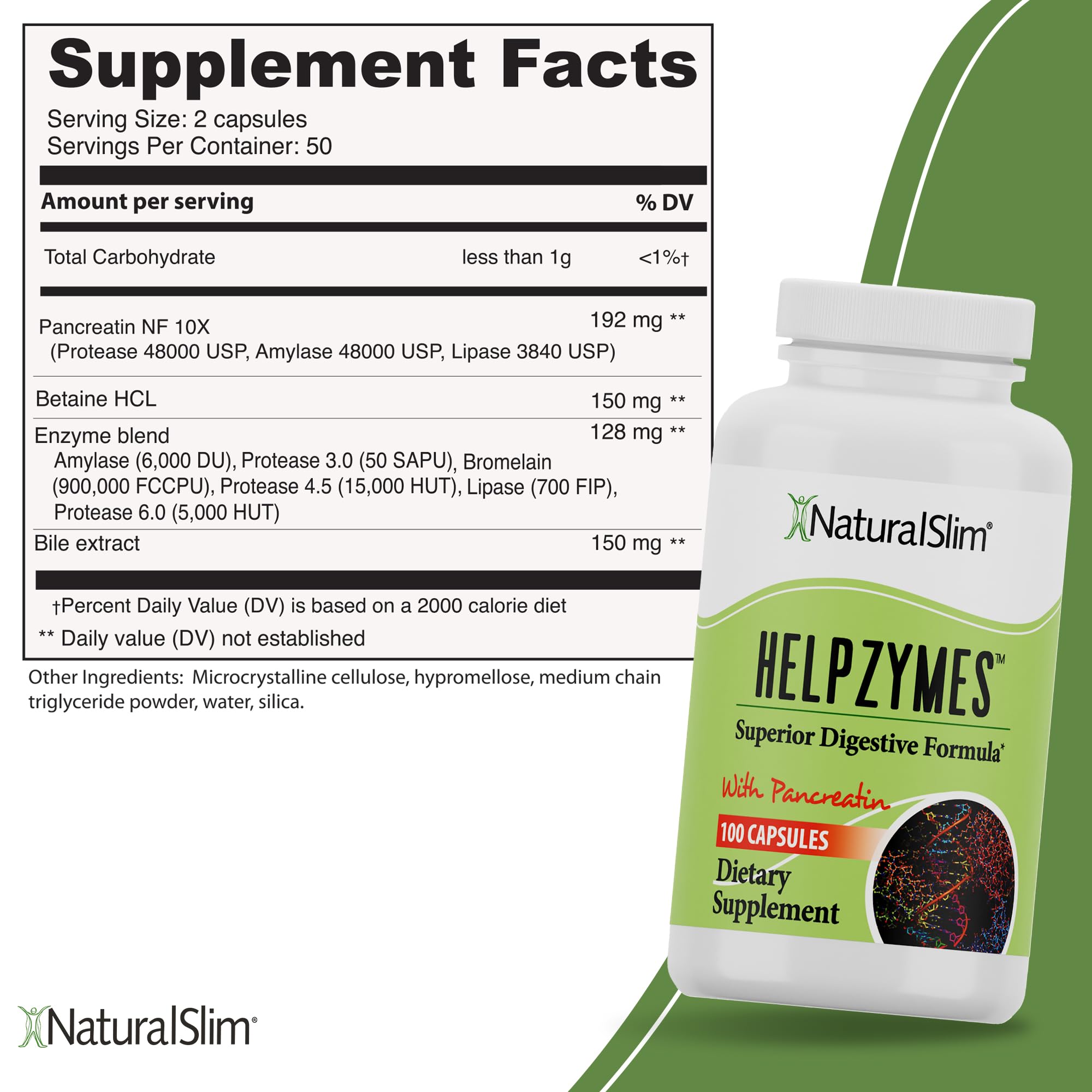 NaturalSlim Helpzymes cápsula en mano para comparar tamaño y dosificación