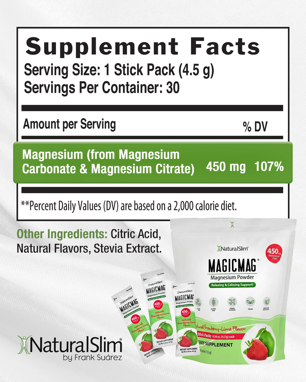 NaturalSlim MagicMag polvo textura cercana que ilustra solubilidad y mezcla rápida