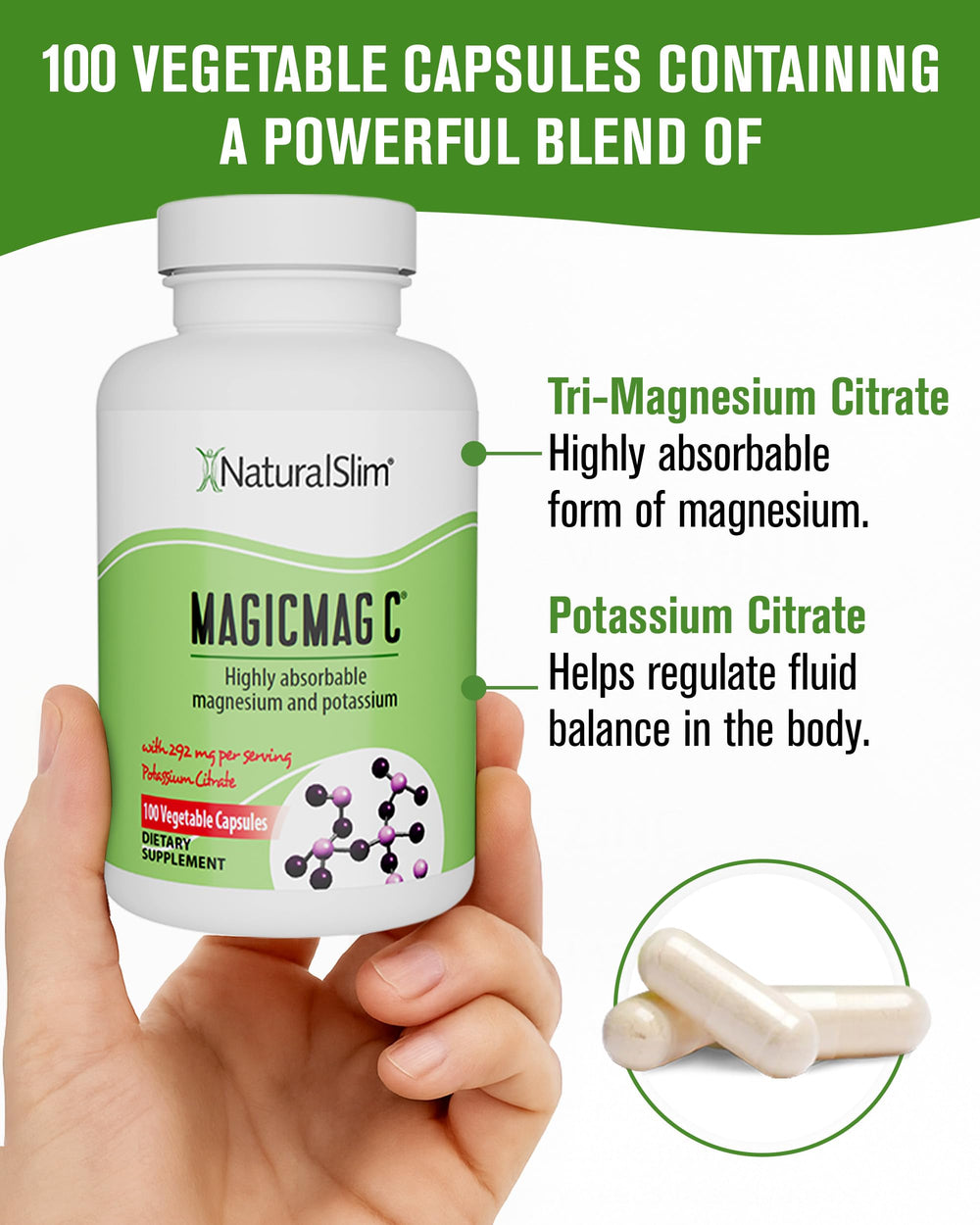 NaturalSlim frasco MagicMag C en mano para comparar tamaño y facilidad