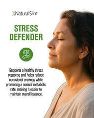 NaturalSlim Stress Defender botella junto a un desayuno saludable para integración diaria