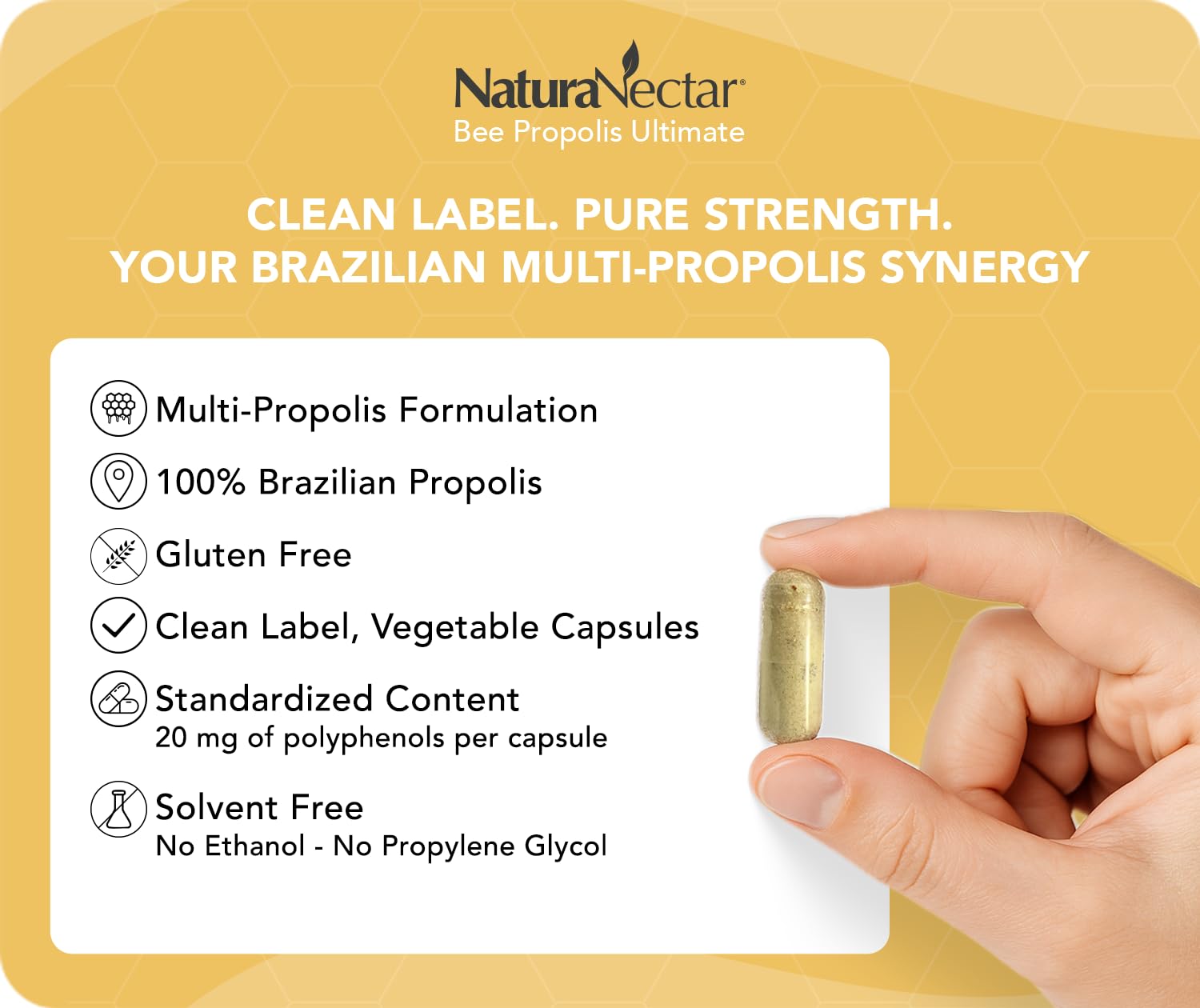 NaturaNectar cápsula abierta con polvo indicando pureza y dosificado estandarizado