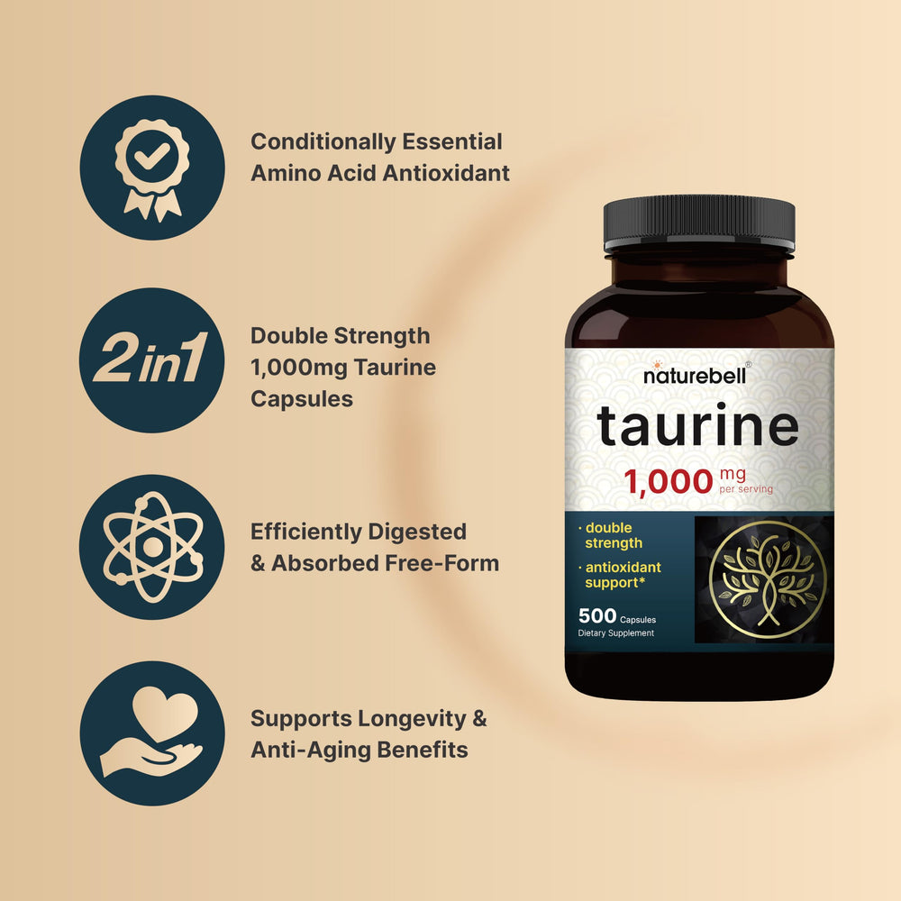 NatureBell Taurine ingredient label highlights non-GMO, gluten-free formula.