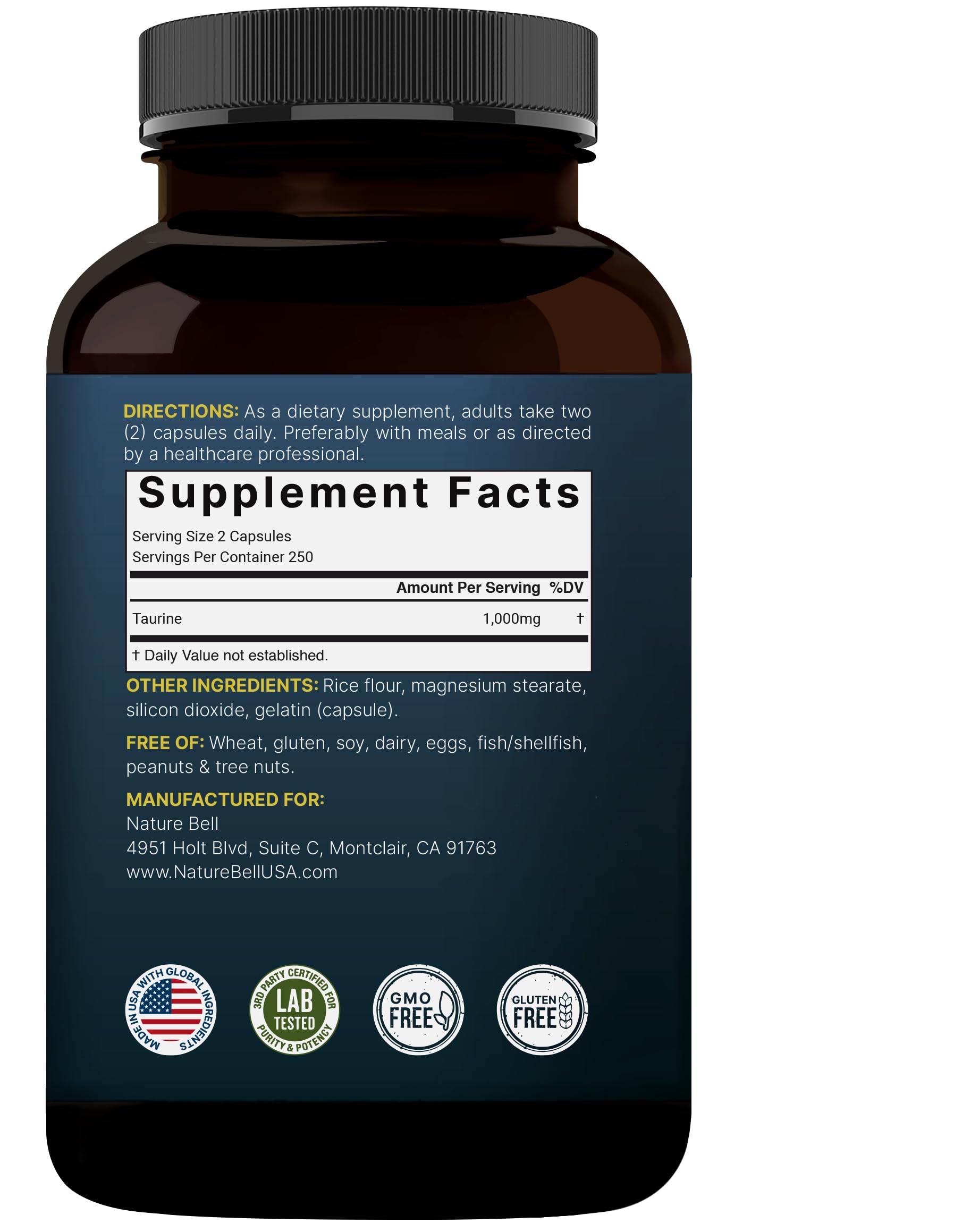 NatureBell Taurine in jar beside cup ready for daily dose.