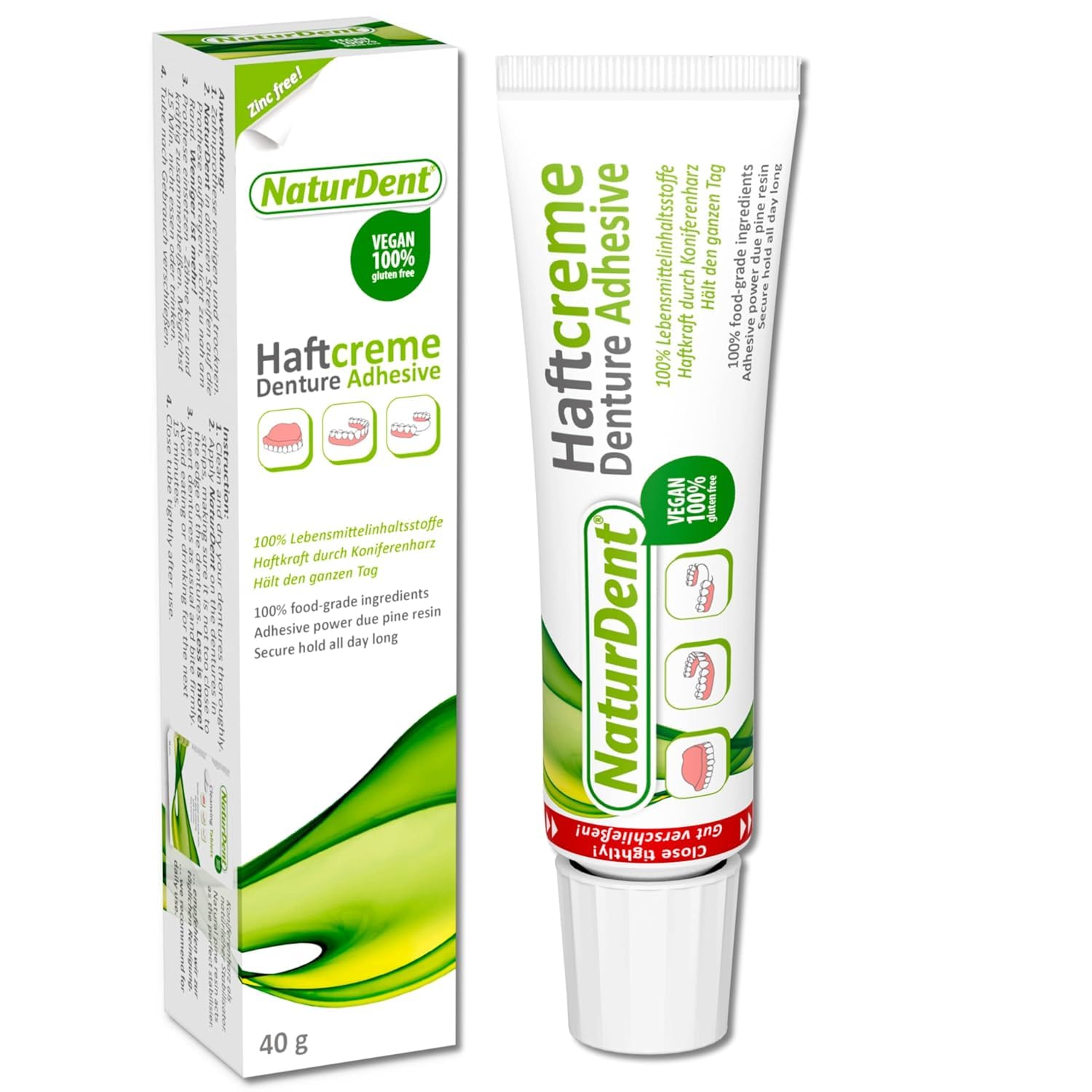 NaturDent tubo abierto mostrando la crema y fácil aplicación