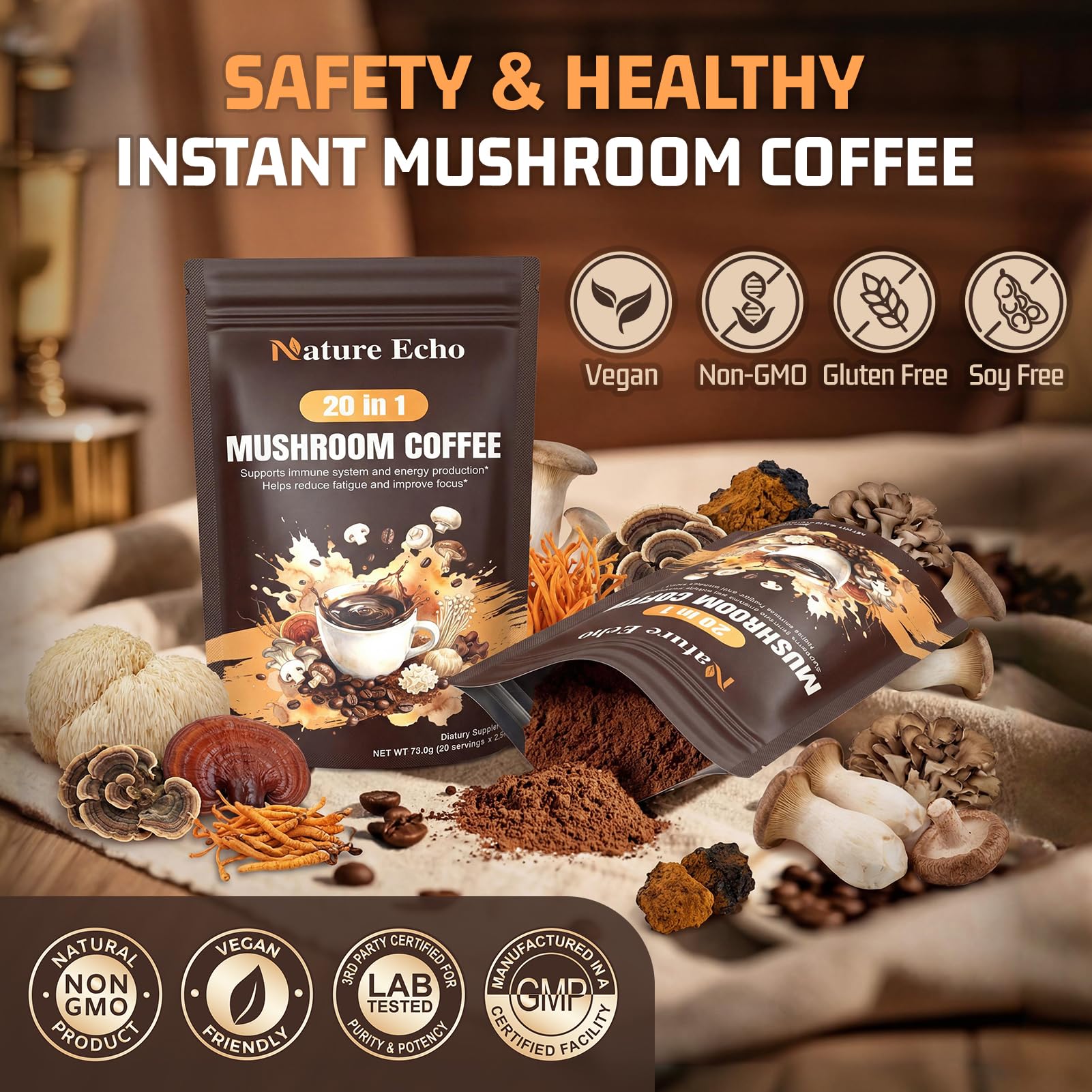 Nature Echo detalle de ingredientes con hongos como Lion’s Mane y Reishi para soporte