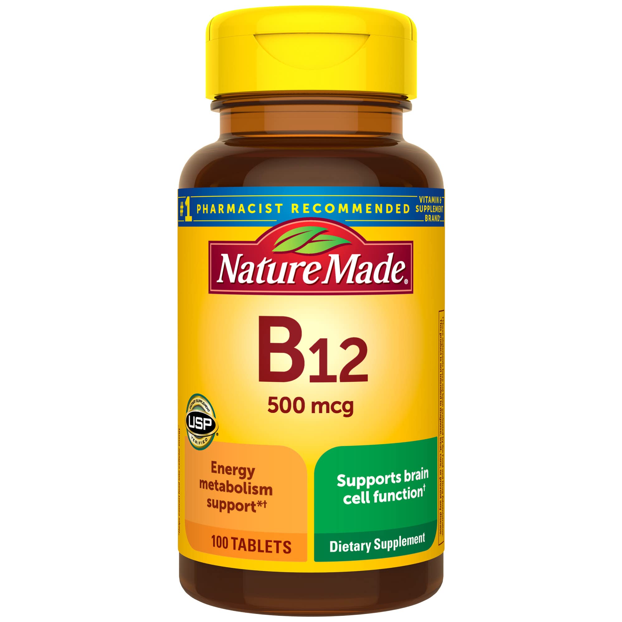 Nature Made frasco frontal mostrando 100 tabletas y beneficios claros