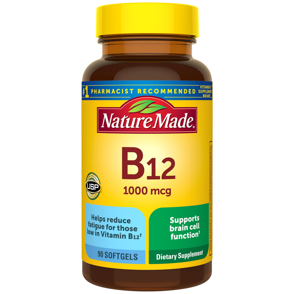 Nature Made frasco frontal mostrando 90 softgels y claridad de dosis