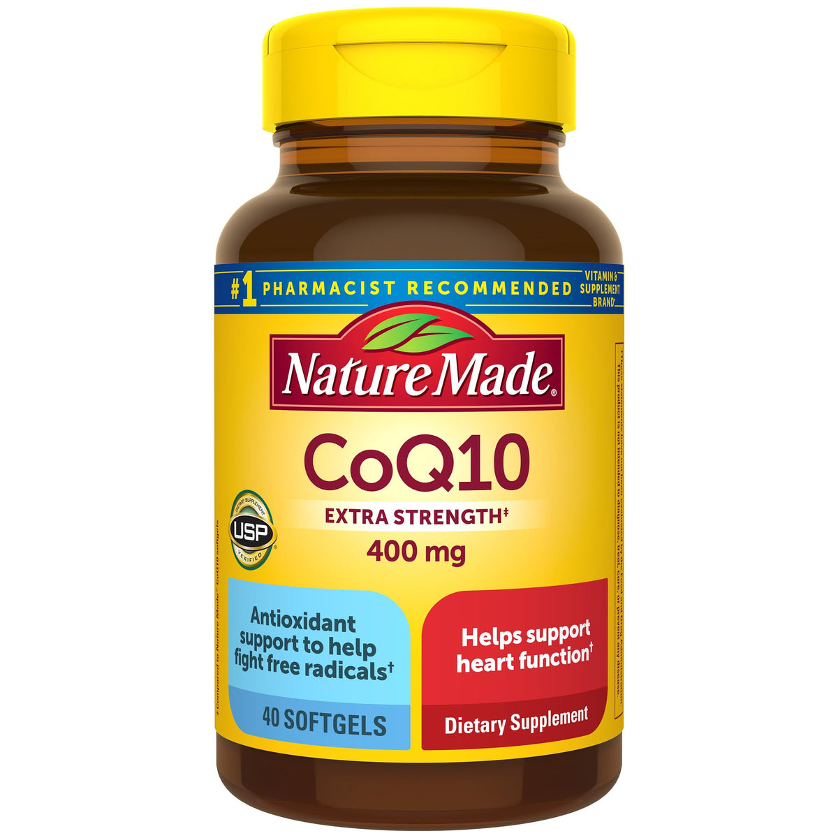 Nature Made botella frontal del producto que muestra 40 cápsulas y beneficio de apoyo cardíaco