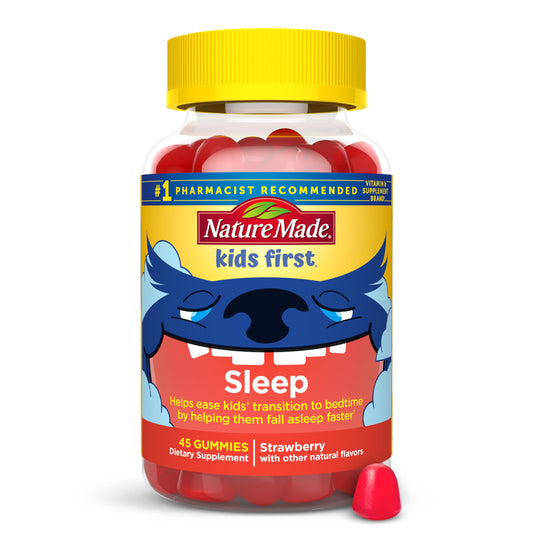 Nature Made envase frontal de Kids First Sleep mostrando diseño y cantidad