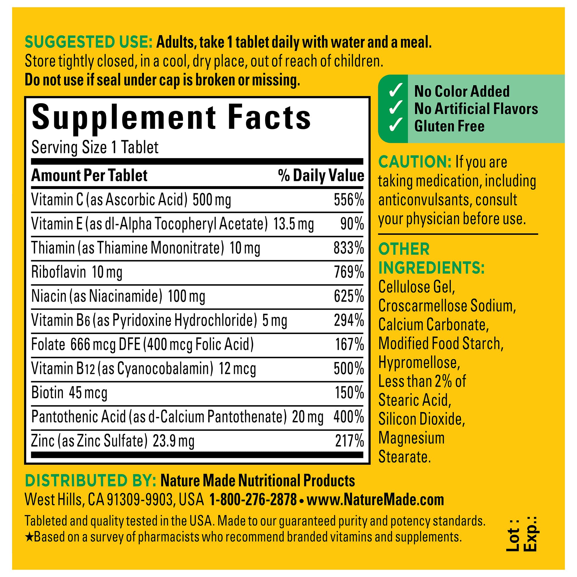Nature Made etiqueta nutricional legible con dosis y componentes principales