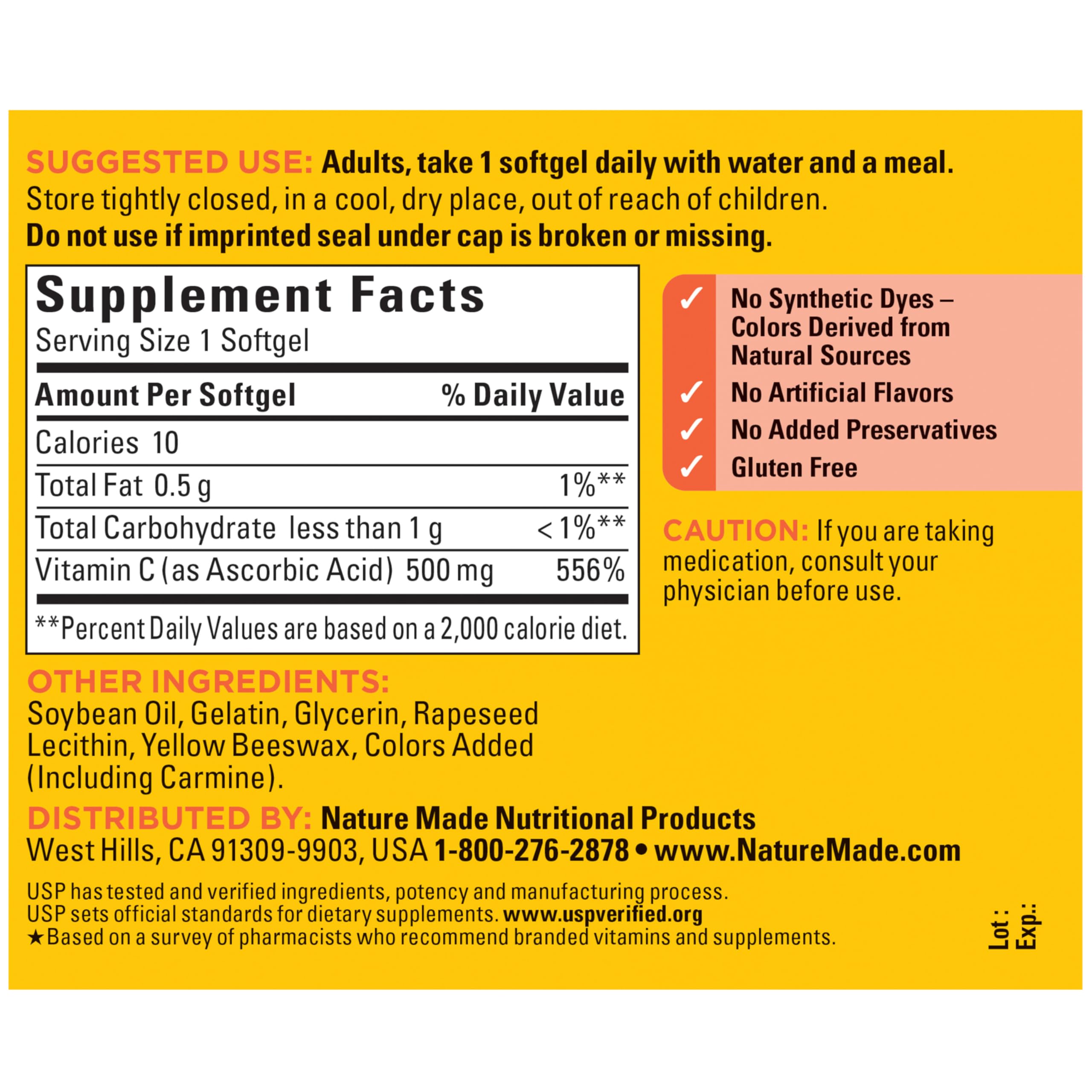 Nature Made frasco abierto con softgels mostrando cantidad del envase