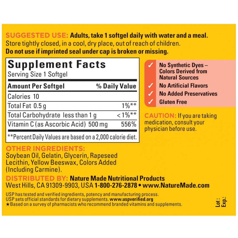 Nature Made frasco abierto con softgels mostrando cantidad del envase