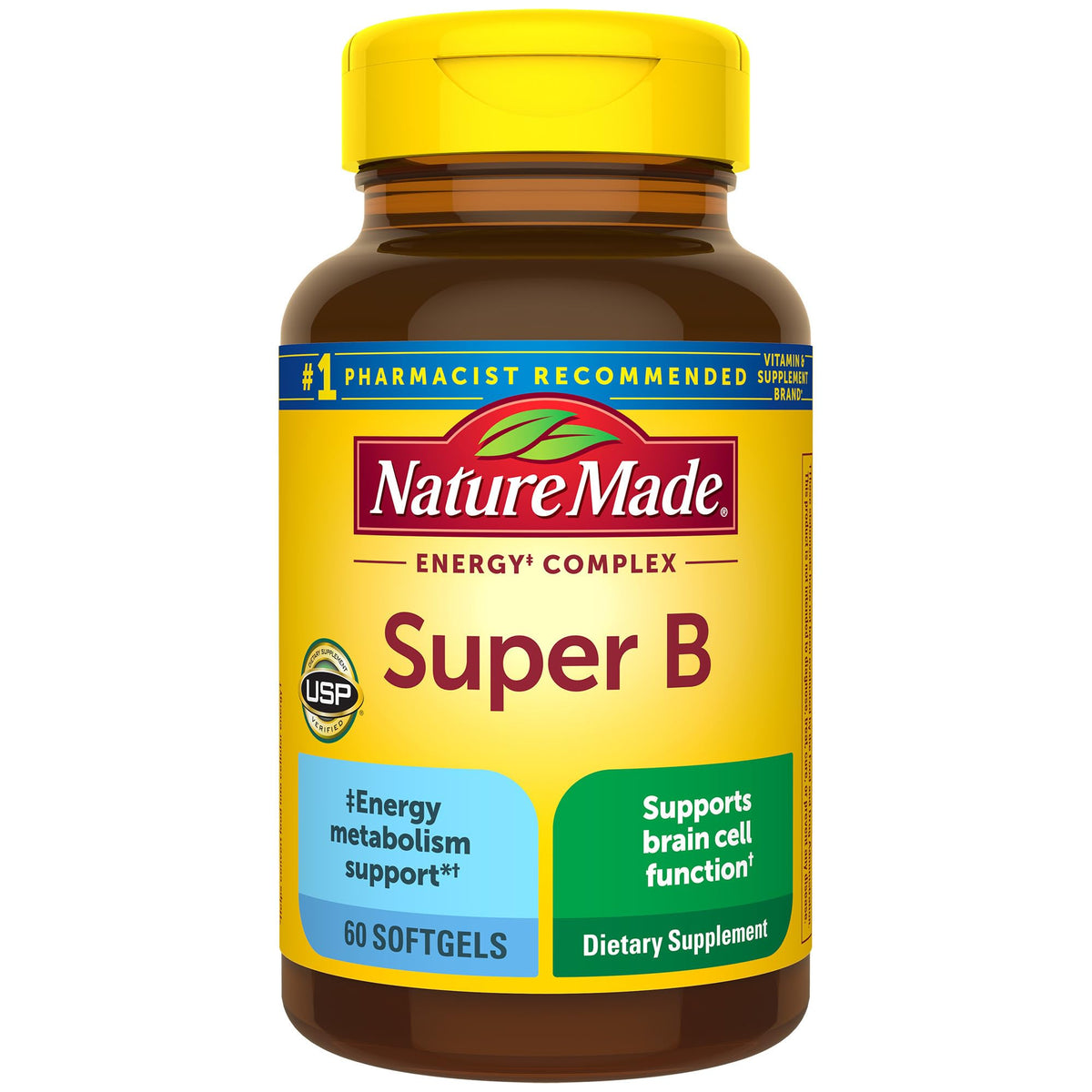 Nature Made frasco delante mostrando 60 softgels y etiqueta clara para confianza