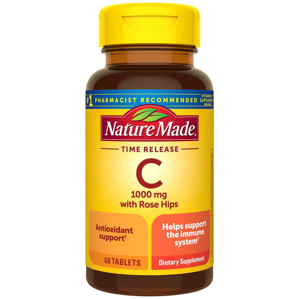 Nature Made frasco delantero de vitamina C 1000 mg, presentación clara y fuente confiable