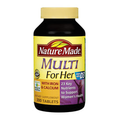 Nature Made frasco delantero mostrando etiqueta y beneficios para mujeres