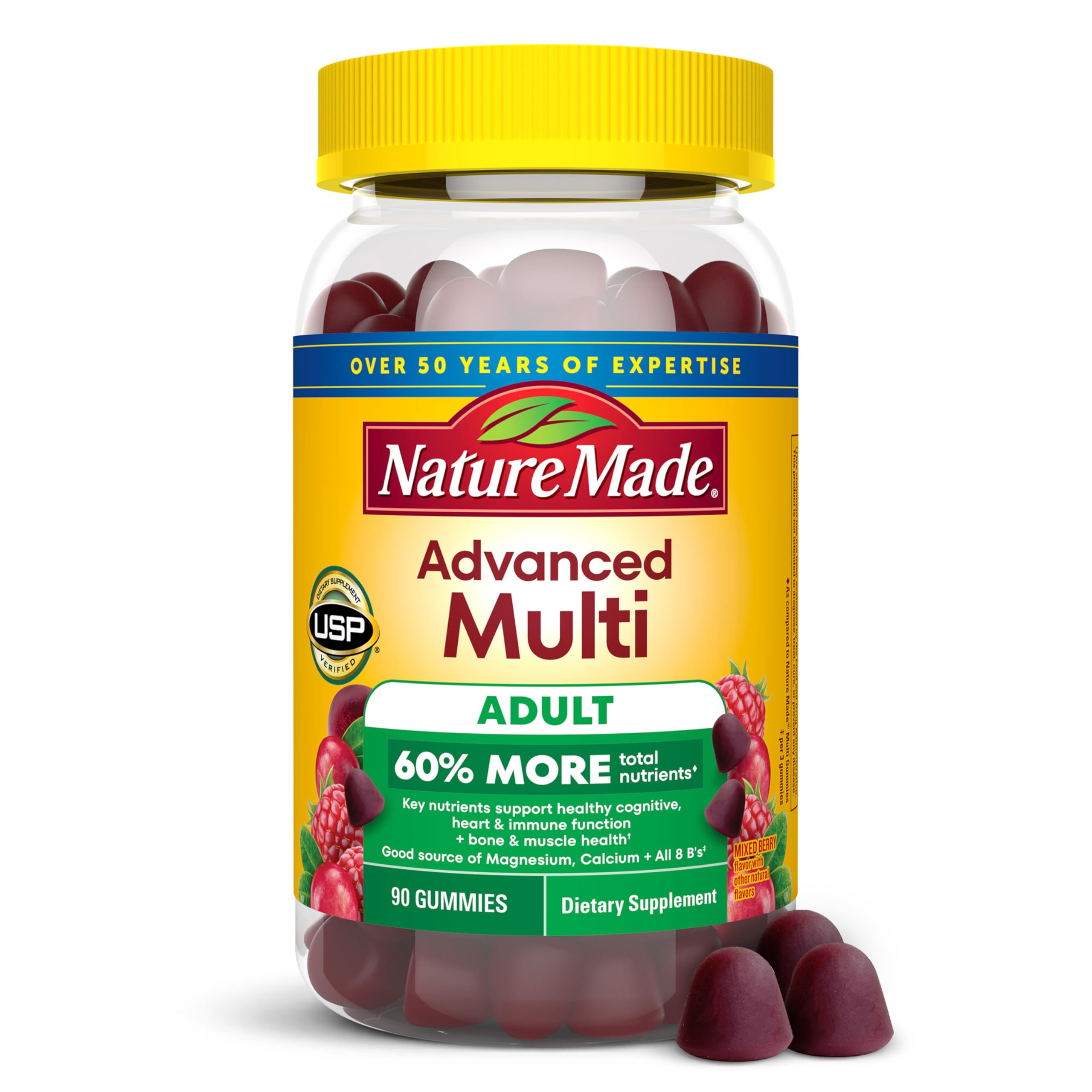 Nature Made frasco frontal de 90 gominolas mostrando etiqueta y beneficio multinutrientes