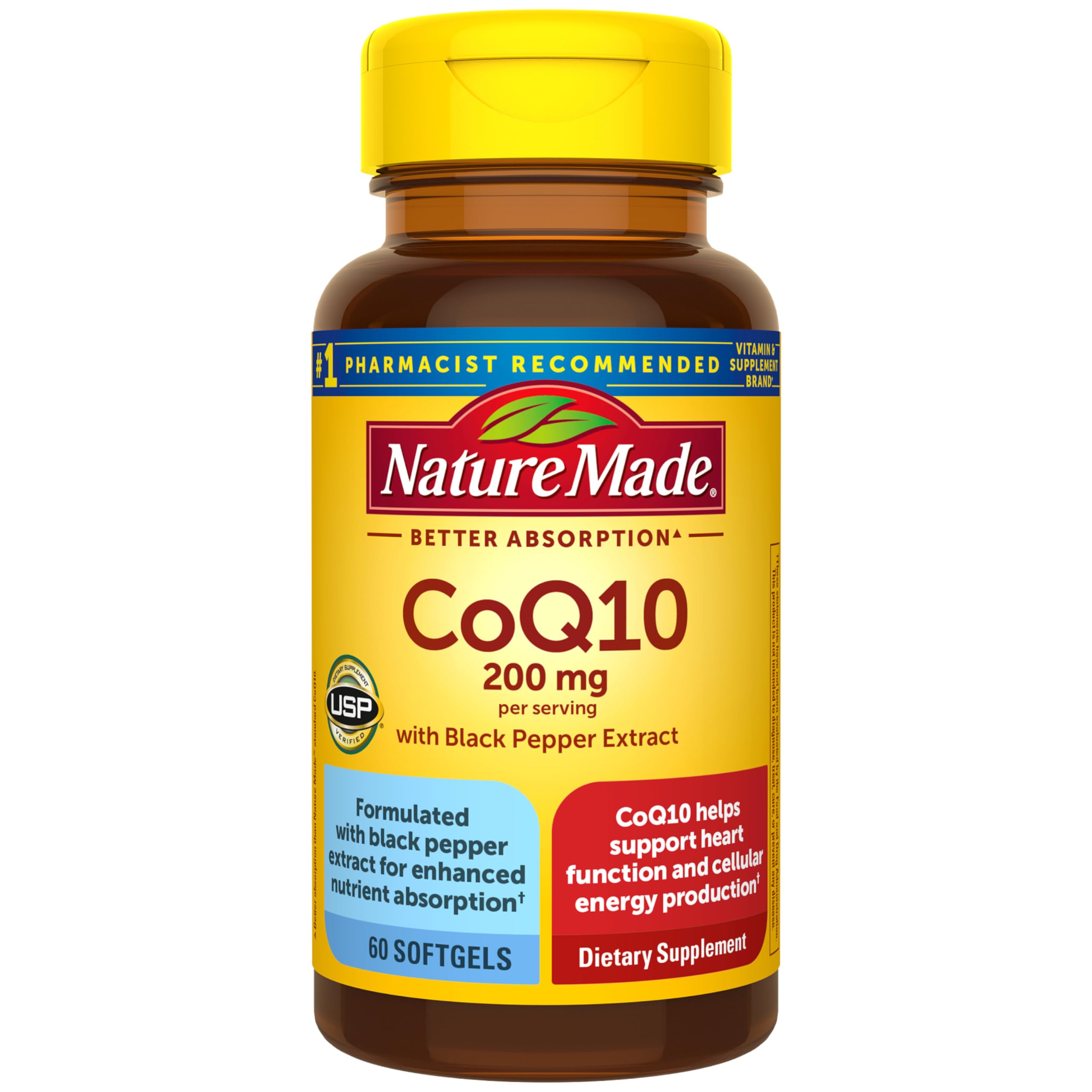 Nature Made frasco frontal mostrando CoQ10 y beneficios visibles