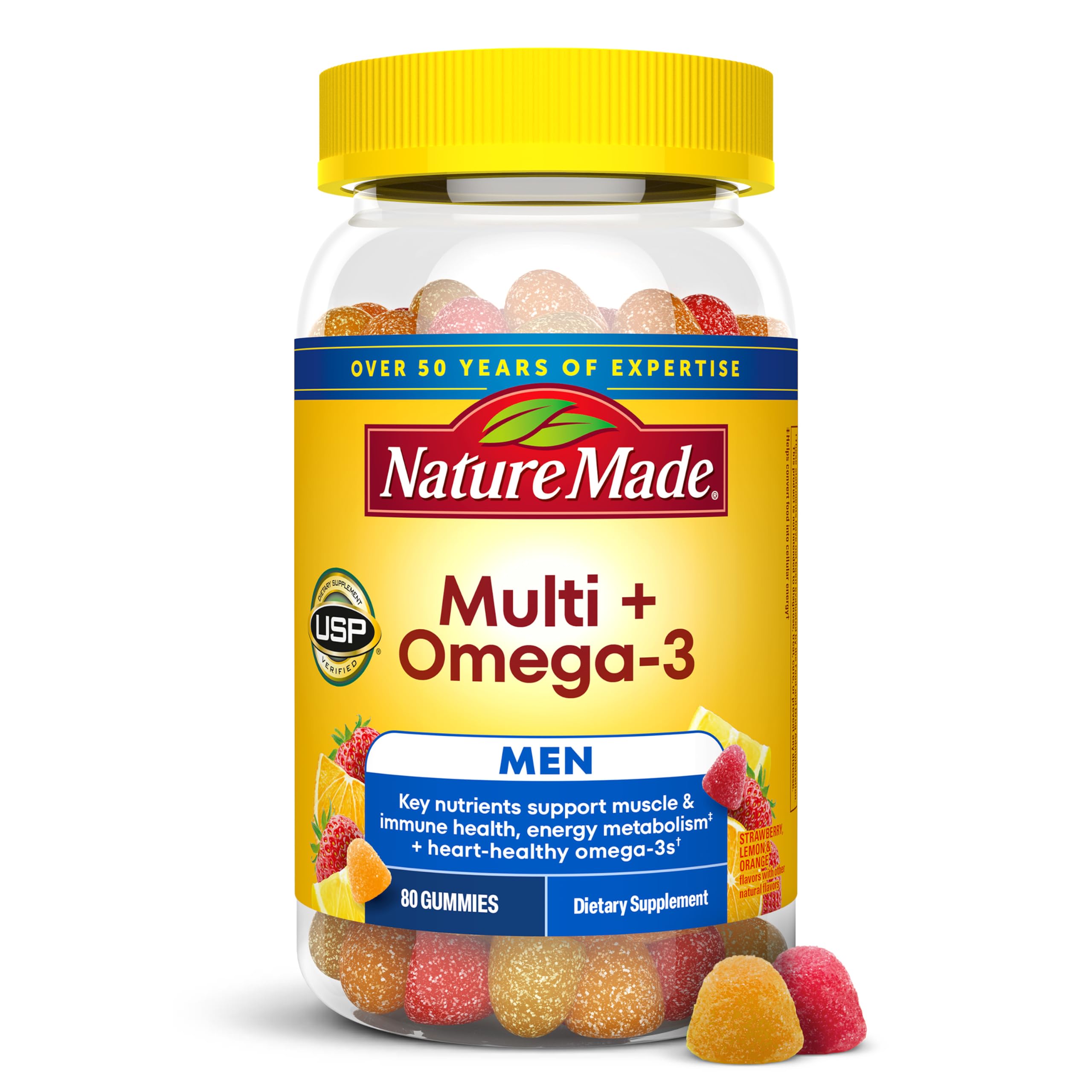 Nature Made frasco frontal del multivitamínico con omega‑3 muestra la presentación y beneficios