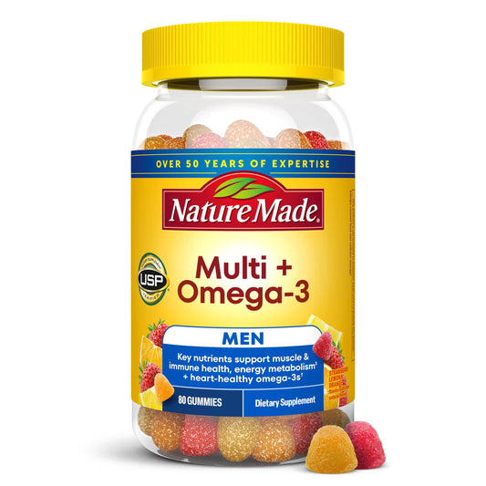 Nature Made frasco frontal del multivitamínico con omega‑3 muestra la presentación y beneficios