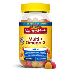 Nature Made frasco frontal del multivitamínico con omega‑3 muestra la presentación y beneficios