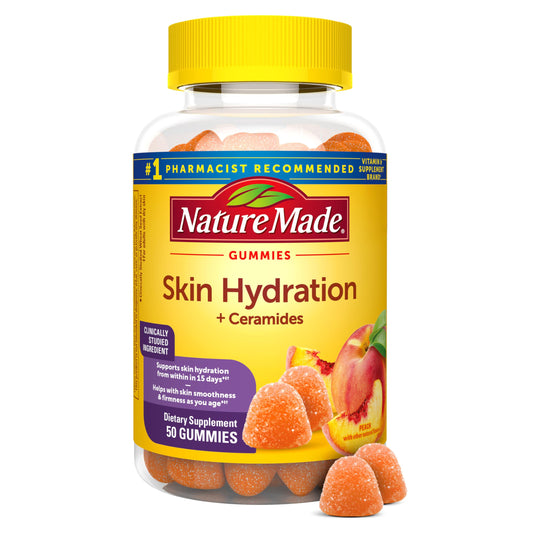 Nature Made frasco frontal mostrando etiqueta y beneficio de hidratación