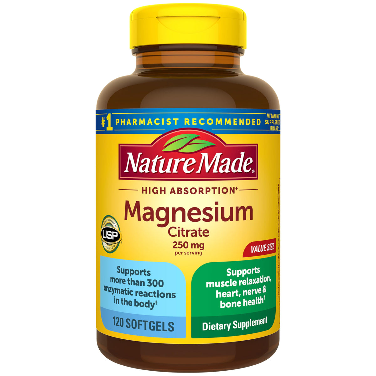 Nature Made frente del envase de magnesio citrato mostrando 120 softgels y beneficio de suministro de 60 días