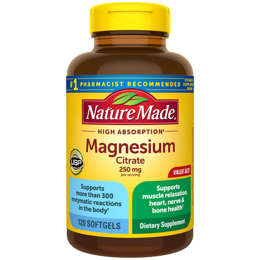 Nature Made frente del envase de magnesio citrato mostrando 120 softgels y beneficio de suministro de 60 días