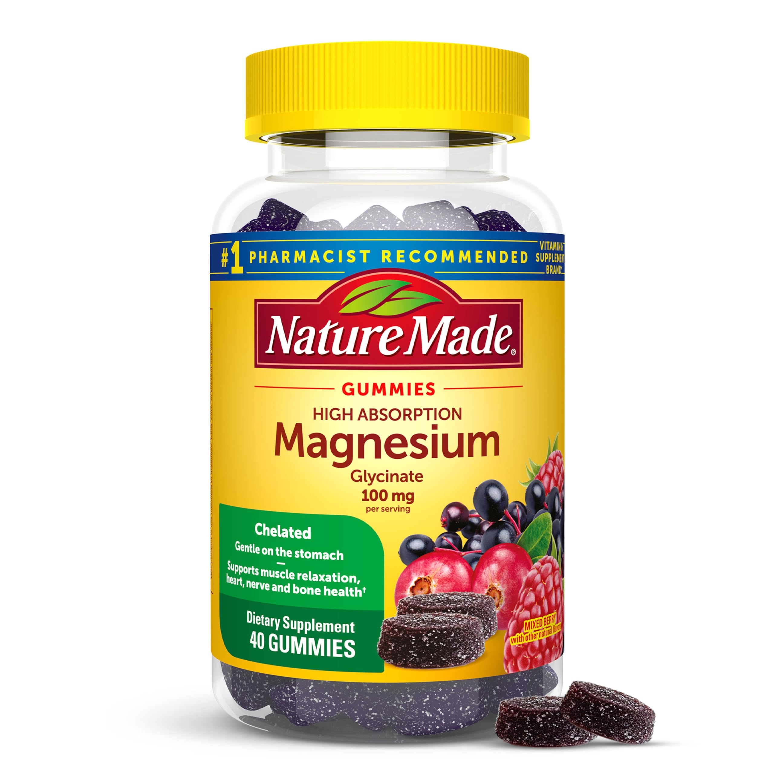 Nature Made frontal del envase mostrando 40 gomitas y beneficios claros