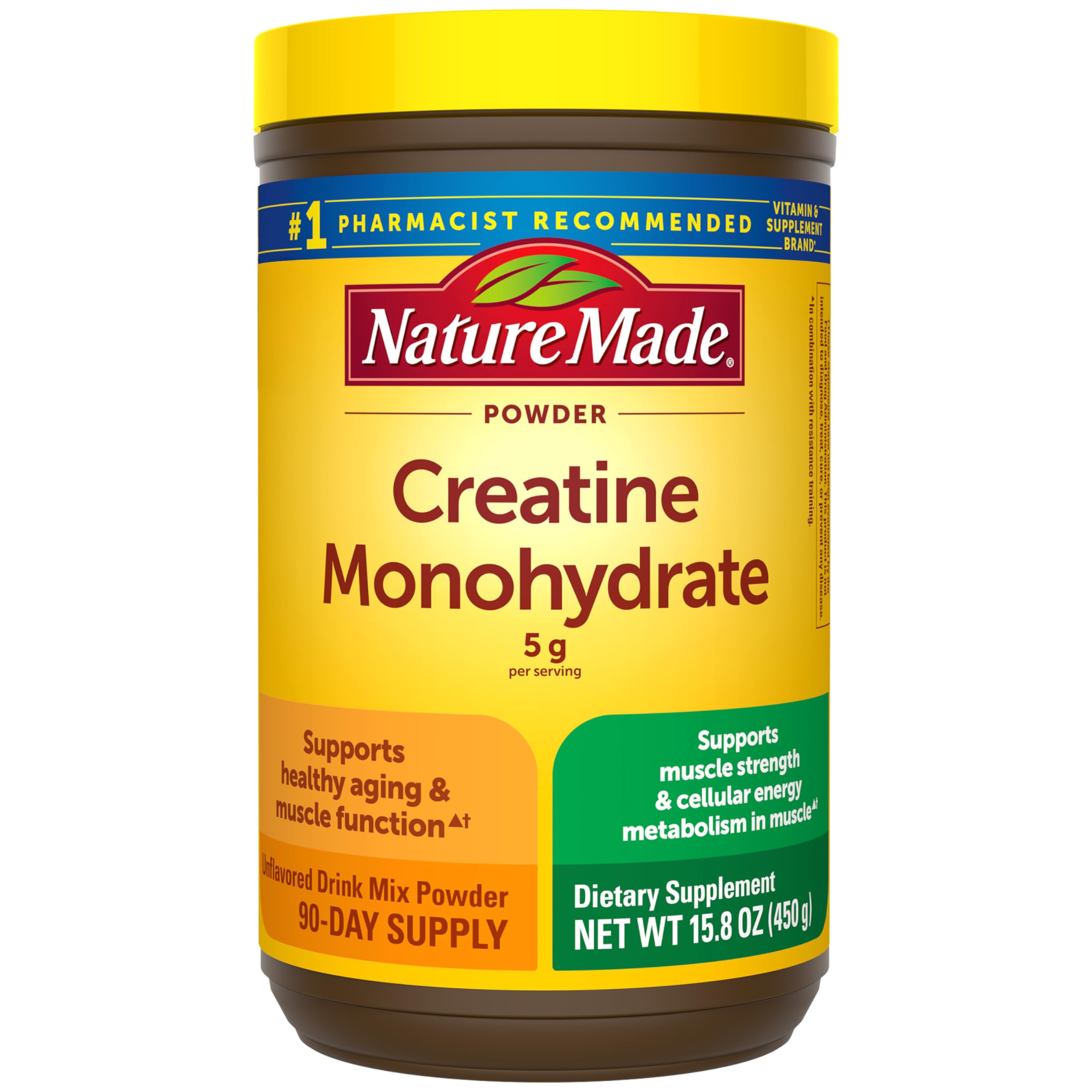 Nature Made envase frontal mostrando 450 g y 5 g por dosis, beneficios claros