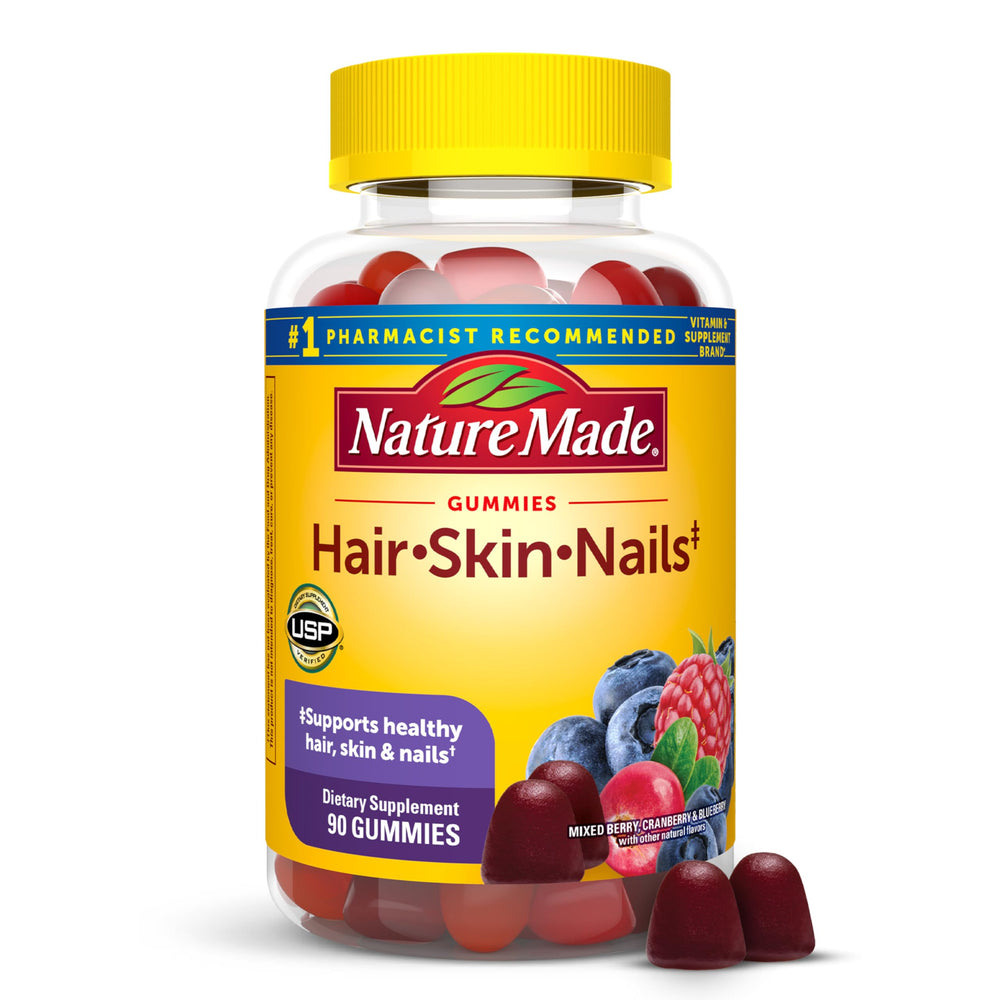 Nature Made envase frontal mostrando 90 gomitas y beneficios visibles