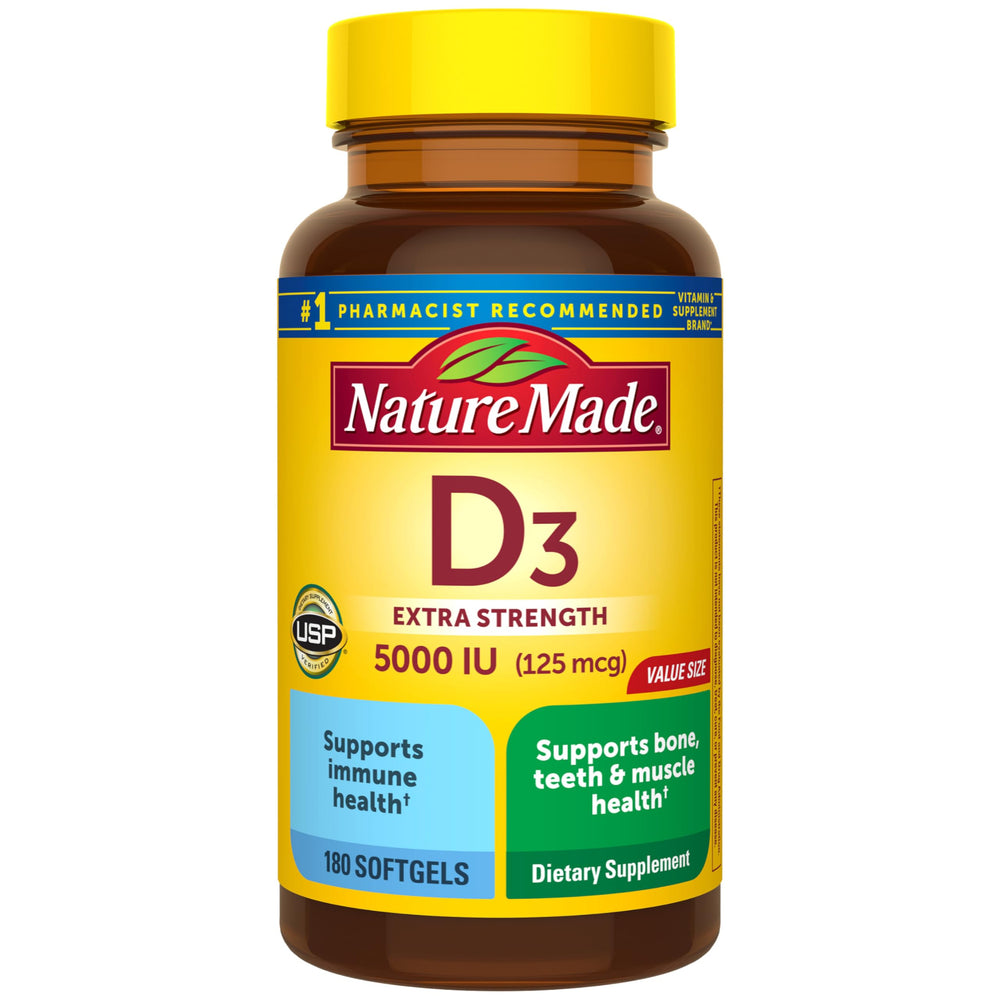Nature Made frente del envase mostrando 180 softgels y dosis alta