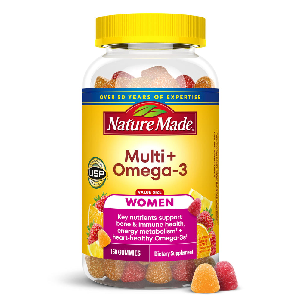 Nature Made envase frontal mostrando 150 gomitas y beneficios diarios