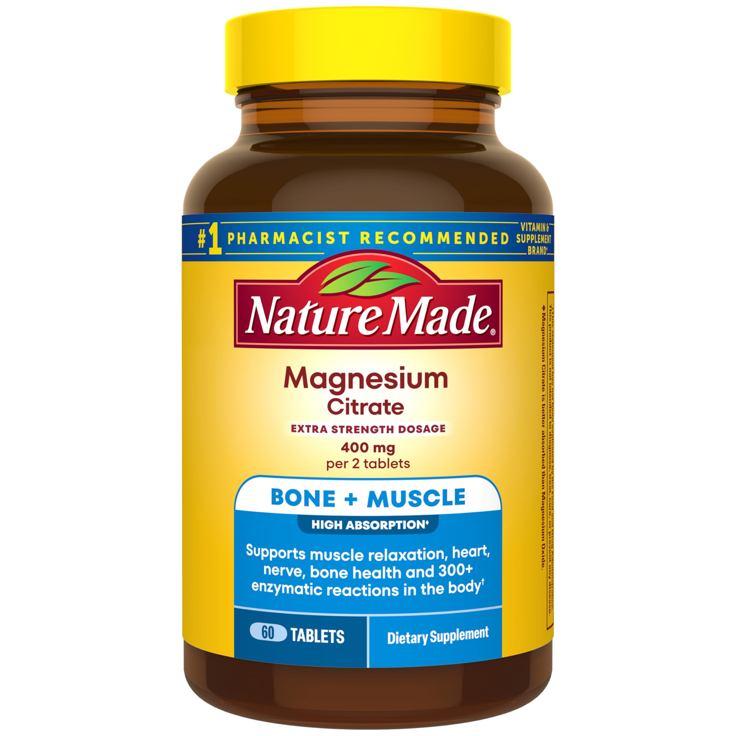 Nature Made frasco frontal mostrando label y beneficio de magnesio