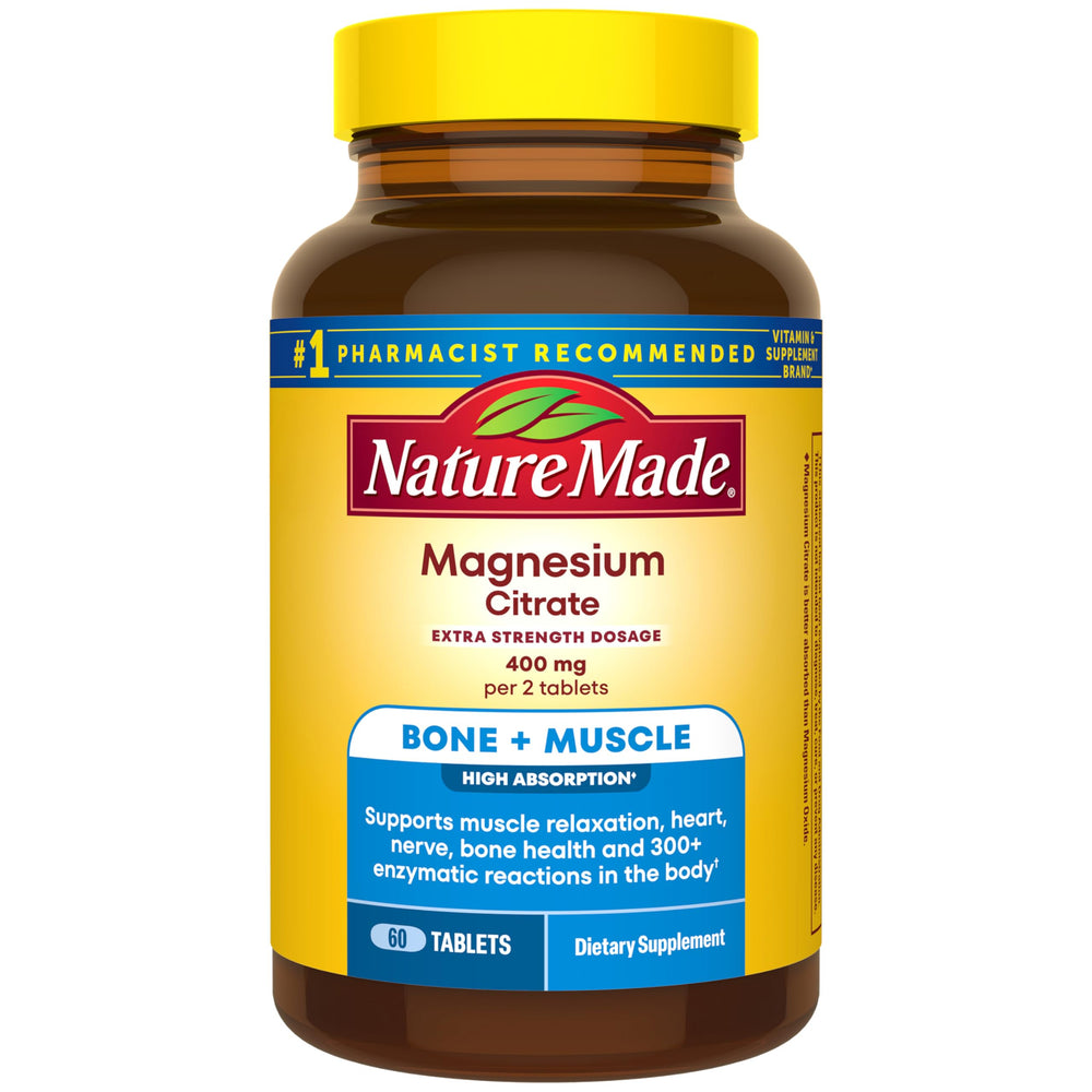 Nature Made frasco frontal mostrando label y beneficio de magnesio