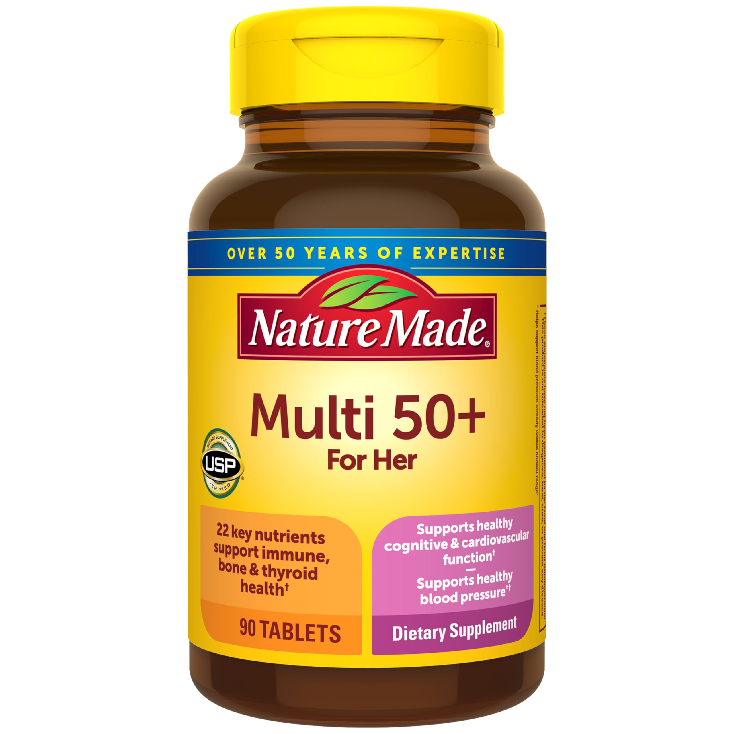 Nature Made frente del paquete mostrando 90 tabletas y beneficios