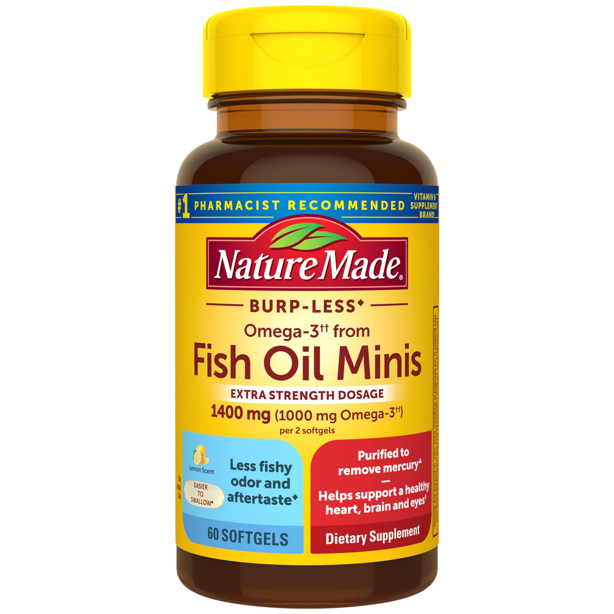 Nature Made frente del envase mostrando beneficios de omega‑3