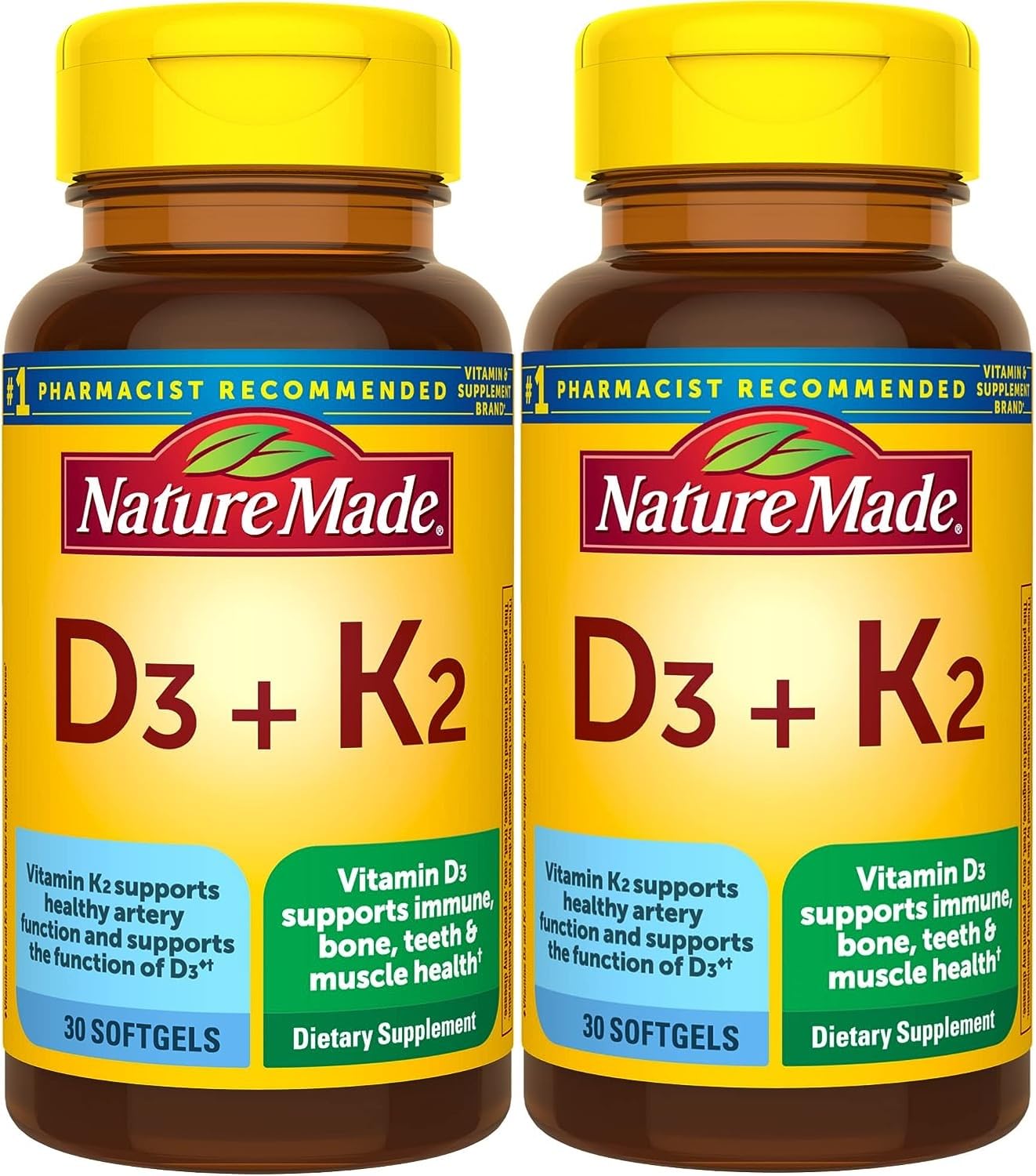 Nature Made envase frontal D3 K2 mostrando beneficios y cantidad