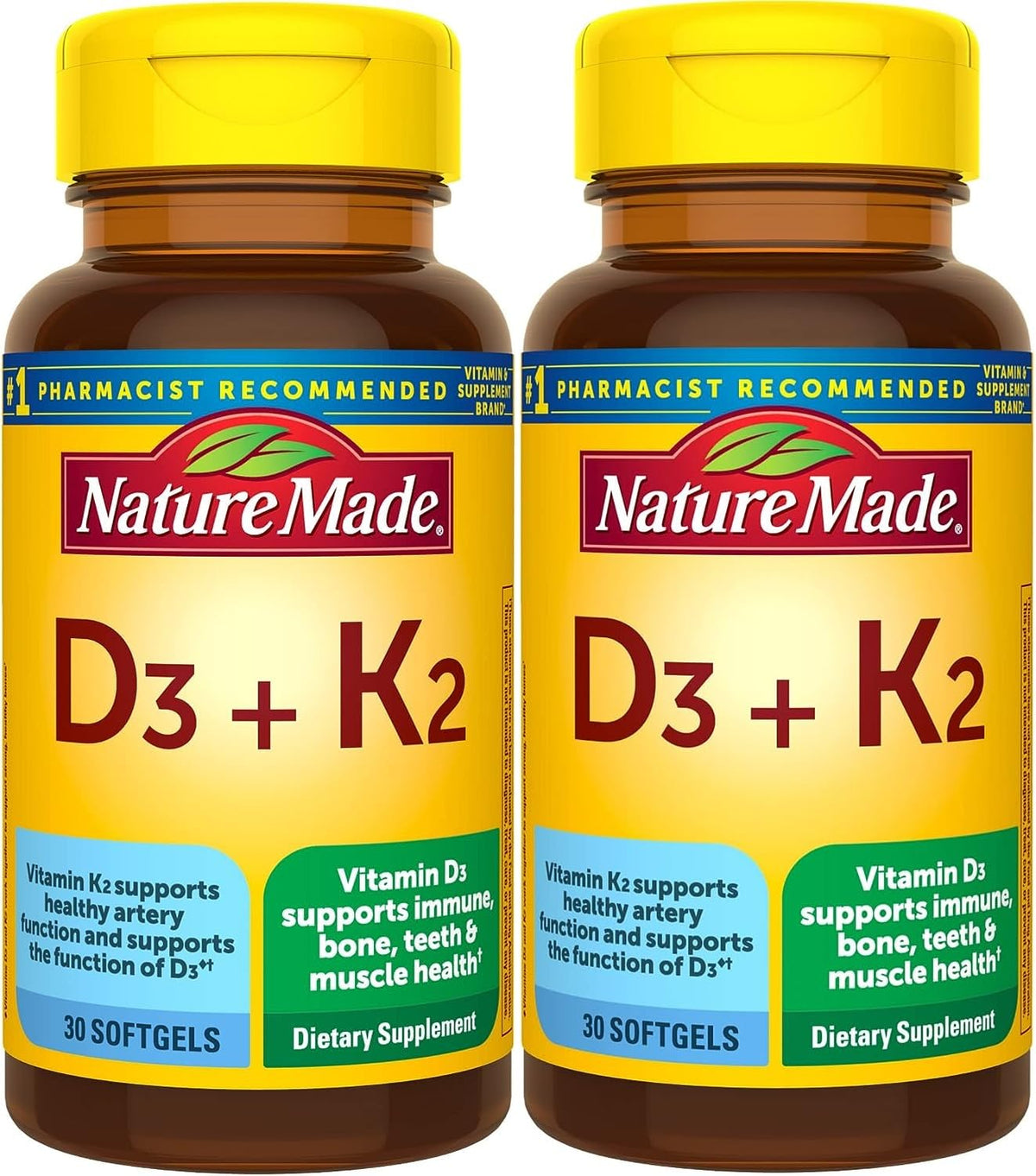 Nature Made envase frontal D3 K2 mostrando beneficios y cantidad