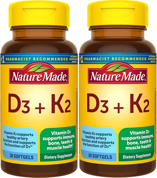 Nature Made envase frontal D3 K2 mostrando beneficios y cantidad