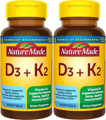 Nature Made envase frontal D3 K2 mostrando beneficios y cantidad